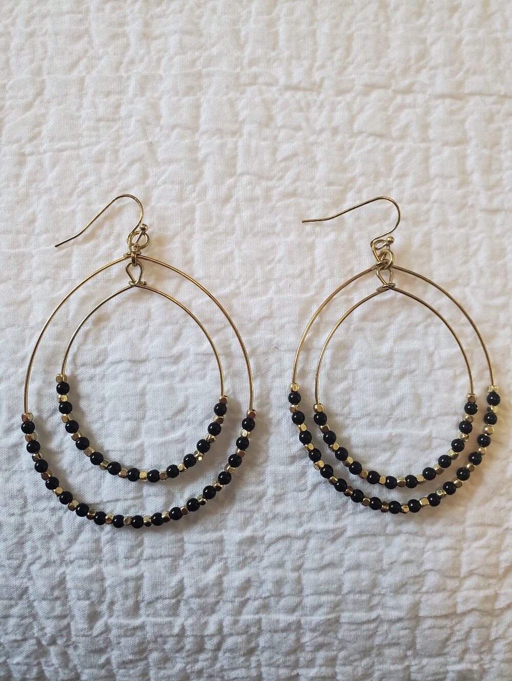 Gold-tone Hoop Dangle Earrings with Black & Gold Beads